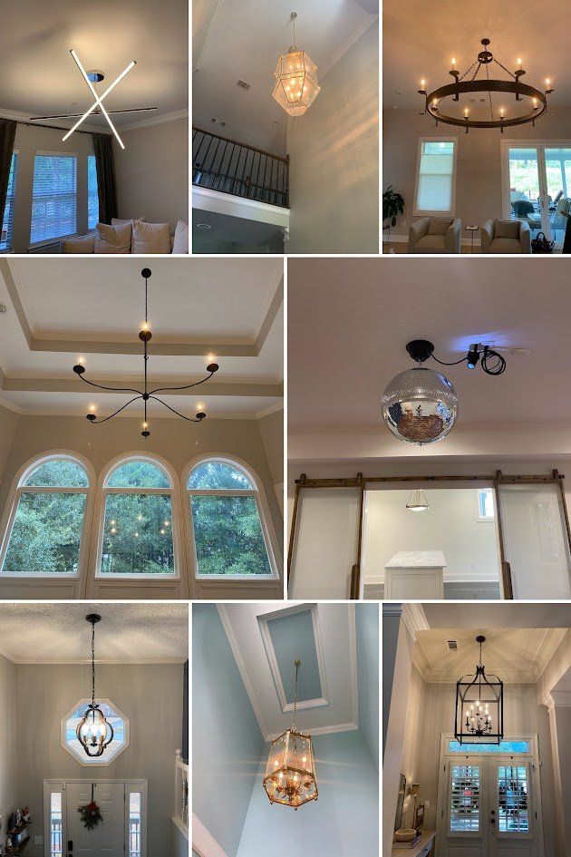 Collage of chandeliers, pendants and lanterns installed in foyers and living rooms