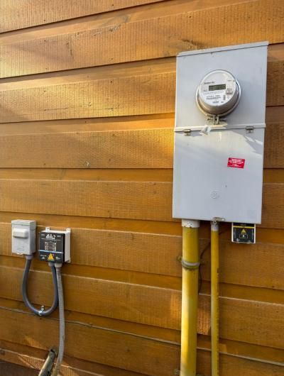 Meter base with surge protection equipment on wood siding